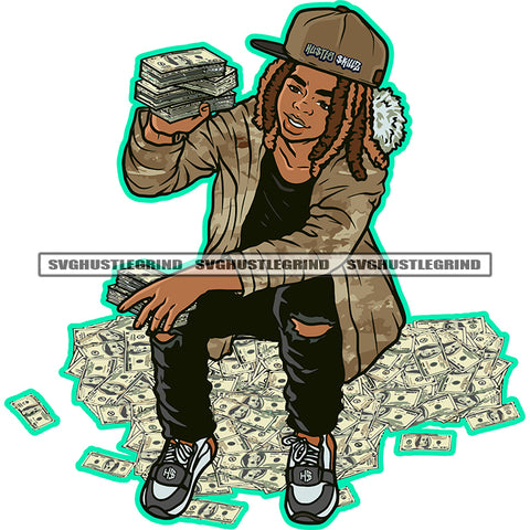 Young Gangster Melanin Boy Sitting On Money Vector Hand Holding Money Bundle Wearing Cap Locus Hair Style Design Element SVG JPG PNG Vector Clipart Cricut Cutting Files