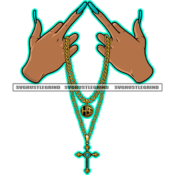 Beautiful Woman Hand Holding Cross And Chain Design Element Long Nail Heart Finger Sign Vector SVG JPG PNG Vector Clipart Cricut Cutting Files