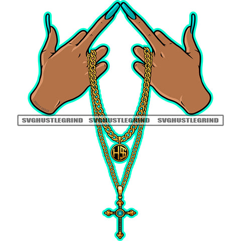 Beautiful Woman Hand Holding Cross And Chain Design Element Long Nail Heart Finger Sign Vector SVG JPG PNG Vector Clipart Cricut Cutting Files
