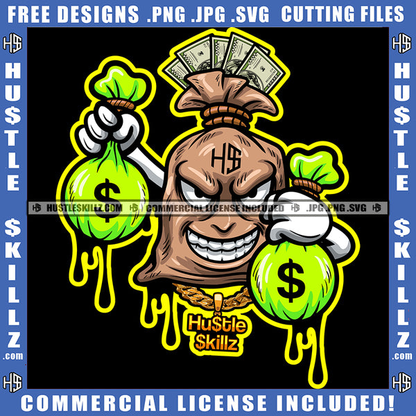 Money Bag Carrying Cash Bags Dripping Dollar Smile Face Grinding Hustler Design Element SVG PNG JPG Vector Cut Cutting Cricut Files