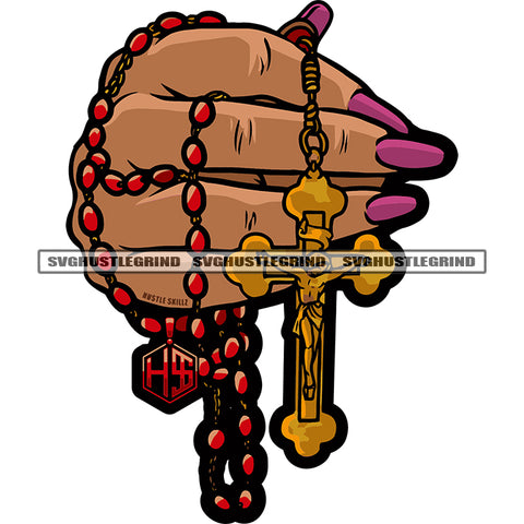 Woman Hand Holding Cross Vector White Background Woman Long Nail Chain Design Element Beautiful Hand SVG JPG PNG Vector Clipart Cricut Cutting Files