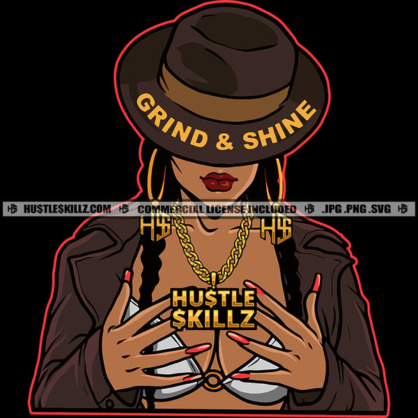African American Woman Wearing Cowboy Hat Vector Portrait Melanin Woman Wearing Big Ear Hoop Ring Curly Hair Cute Face No Eyes Vector Design Element SVG JPG PNG Vector Clipart Cricut Cutting Files