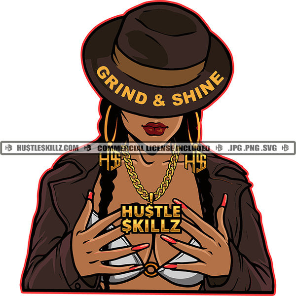 African American Woman Wearing Cowboy Hat Vector Portrait Melanin Woman Wearing Big Ear Hoop Ring Curly Hair Cute Face No Eyes Vector Design Element SVG JPG PNG Vector Clipart Cricut Cutting Files
