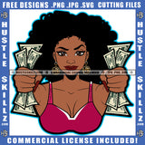 Nubian Woman Holding Money Cash Bank Dollar Bill Melanin Hustler Hustling Grind Grinding Curly Hair Vector Design Element SVG JPG PNG Vector Clipart Cricut Cutting Files