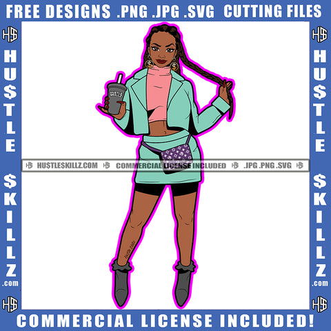African American Beautiful Woman Standing Melanin Girl Holding Coffee Mug Black Girl Wearing Short Cloths Magic Ski Mask Gangster SVG JPG PNG Vector Clipart Cricut Cutting Files