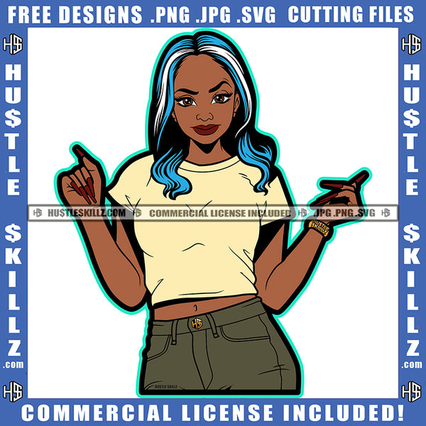 Young Woman Wearing Jeans Top Streaked Hair Snap Finger Pose Hand Design Element Graphic Image Melanin Hustler Grind Skillz SVG PNG JPG Vector Cutting Cricut Files