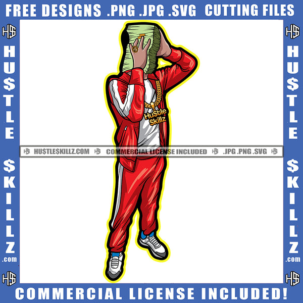 African American Man Standing By Holding Cash Money Bundle Man Wearing Dollars Chain Sneakers Track Suit Vector Design Element SVG JPG PNG Vector Clipart Cricut Cutting Files