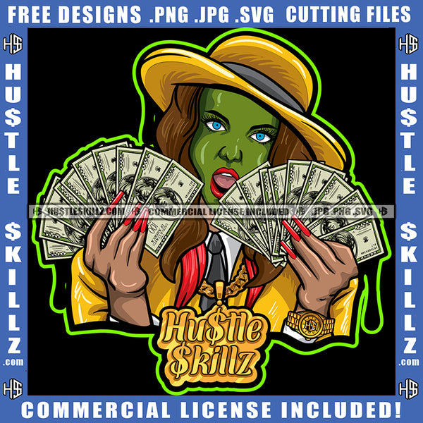 Green Face Woman Hat Dollar Bills Holding Cash Money Jacket Tongue Out Nails Bad Ass Icon Graphic Grind SVG PNG JPG Vector Cutting Cricut Files