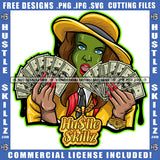 Green Face Woman Hat Dollar Bills Holding Cash Money Jacket Tongue Out Nails Bad Ass Icon Graphic Grind SVG PNG JPG Vector Cutting Cricut Files