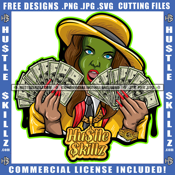 Green Face Woman Hat Dollar Bills Holding Cash Money Jacket Tongue Out Nails Bad Ass Icon Graphic Grind SVG PNG JPG Vector Cutting Cricut Files