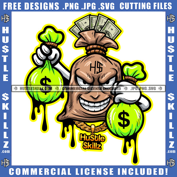 Money Bag Carrying Cash Bags Dripping Dollar Smile Face Grinding Hustler Design Element SVG PNG JPG Vector Cut Cutting Cricut Files