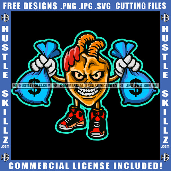 Angry Face Gangster Heart Organ Holding Two Bank Bags Money Cash Dollars Sneakers Hustler Graphic Grind Design Element SVG PNG JPG Vector Cutting Cricut Files