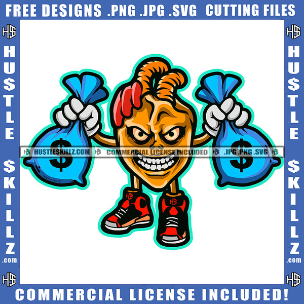 Angry Face Gangster Heart Organ Holding Two Bank Bags Money Cash Dollars Sneakers Hustler Graphic Grind Design Element SVG PNG JPG Vector Cutting Cricut Files