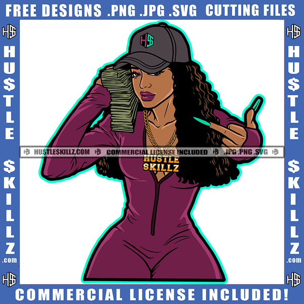 African American Melanin Woman Holding Money Baseball Cap Hat Gangster Hustling Gold Chain Middle Finger Logo SVG PNG JPG Vector Cricut Cut Files