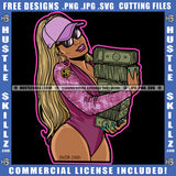American African Melanin Woman Holding Money Vector Design Element Wearing Baseball Cap Hat Ans Sunglass Gangster Hustling Golden Hair Logo Hustle Skillz SVG PNG JPG Vector Cut Files