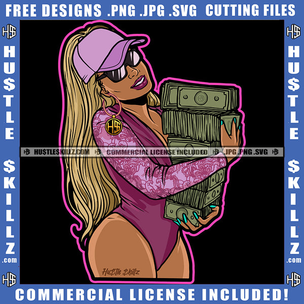American African Melanin Woman Holding Money Vector Design Element Wearing Baseball Cap Hat Ans Sunglass Gangster Hustling Golden Hair Logo Hustle Skillz SVG PNG JPG Vector Cut Files