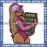 American African Melanin Woman Holding Money Vector Design Element Wearing Baseball Cap Hat Ans Sunglass Gangster Hustling Golden Hair Logo Hustle Skillz SVG PNG JPG Vector Cut Files