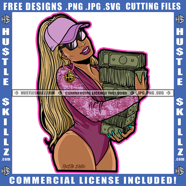 American African Melanin Woman Holding Money Vector Design Element Wearing Baseball Cap Hat Ans Sunglass Gangster Hustling Golden Hair Logo Hustle Skillz SVG PNG JPG Vector Cut Files