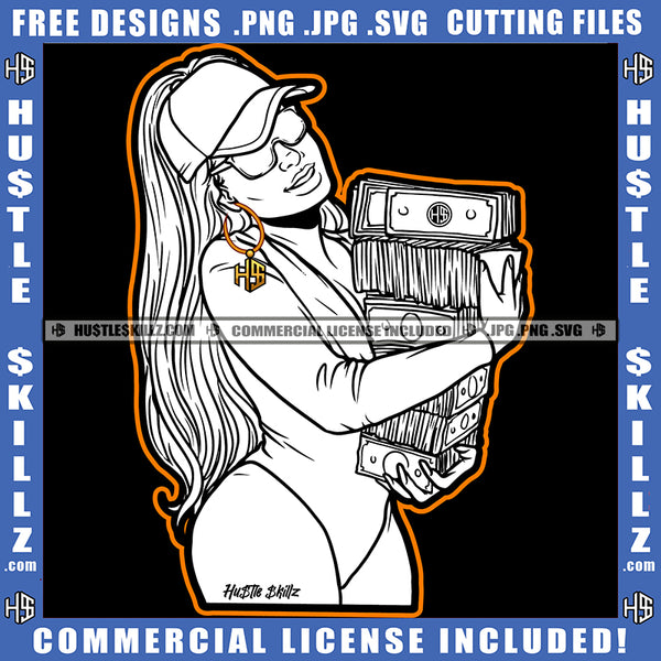 American African Melanin Woman Holding Money Vector Design Element White Background Wearing Baseball Cap Hat Ans Sunglass Gangster Hustling Golden Hair Logo Hustle Skillz SVG PNG JPG Vector Cut Files