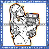 American African Melanin Woman Holding Money Vector Design Element White Background Wearing Baseball Cap Hat Ans Sunglass Gangster Hustling Golden Hair Logo Hustle Skillz SVG PNG JPG Vector Cut Files