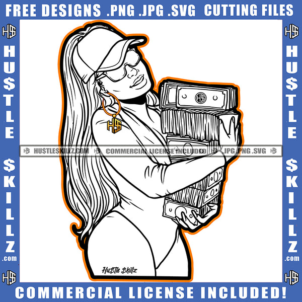 American African Melanin Woman Holding Money Vector Design Element White Background Wearing Baseball Cap Hat Ans Sunglass Gangster Hustling Golden Hair Logo Hustle Skillz SVG PNG JPG Vector Cut Files