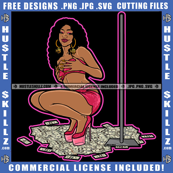African American Sexy Woman Sitting On Floor Lot Of Money On Floor Curly Hair Vector Design Element Sexy Woman Hand On Body SVG JPG PNG Vector Clipart Cricut Cutting Files