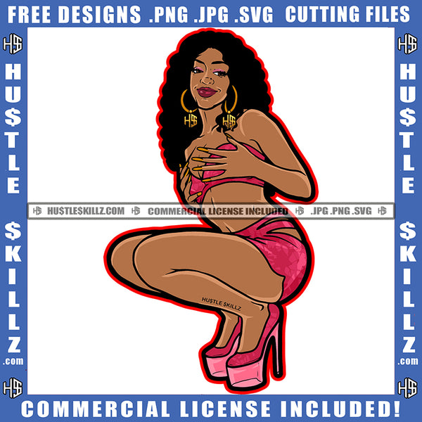 African American Sexy Woman Sitting On Floor Melanin Woman Curly Hair Vector Design Element Sexy Woman Hand On Body SVG JPG PNG Vector Clipart Cricut Cutting Files