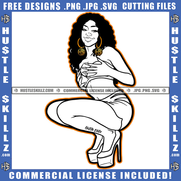 African American Girl Bad Ass Vector Design Element Melanin Woman Nubian Sexy Pose Vector Cut Cutting Silhouette Curly Black Hair High Heel Clipart JPG PNG SVG