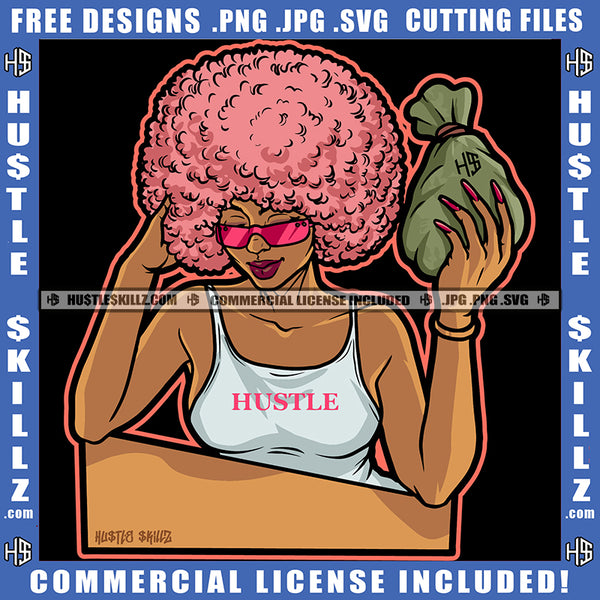 African American Bad Ass Women Color Vector Design Melanin Woman Design Element Money On Hand Waring Sunglass Curly Hair Hustler Circuit Cut Cutting Clipart JPG PNG SVG