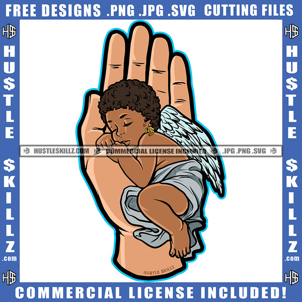 Baby Angle Sleeping On Hand Color Vector Design Element African American Baby With Wings Nubian Hand Clipart JPG PNG SVG