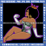 Melanin Woman Sitting Color Design Element Nubian African American Women Wearing Crown Bad Ass Sexy Look Clipart JPG PNG SVG