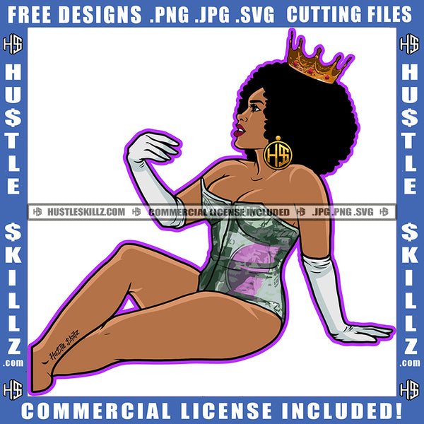 Melanin Woman Sitting Color Design Element Nubian African American Women Wearing Crown Bad Ass Sexy Look Clipart JPG PNG SVG