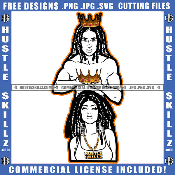 African American Sexy Couple Wearing Crown On Head Design Element Melanin Locs Dreads Hair Woman And Man White Color Design SVG JPG PNG Vector Clipart Cricut Cutting Files