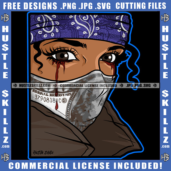 African American Rowdy Girl Wearing Musk Melanin Woman Eyes Blood Dripping Girl Wearing Cap Curly Hair Vector Design Element SVG JPG PNG Vector Clipart Cricut Cutting Files