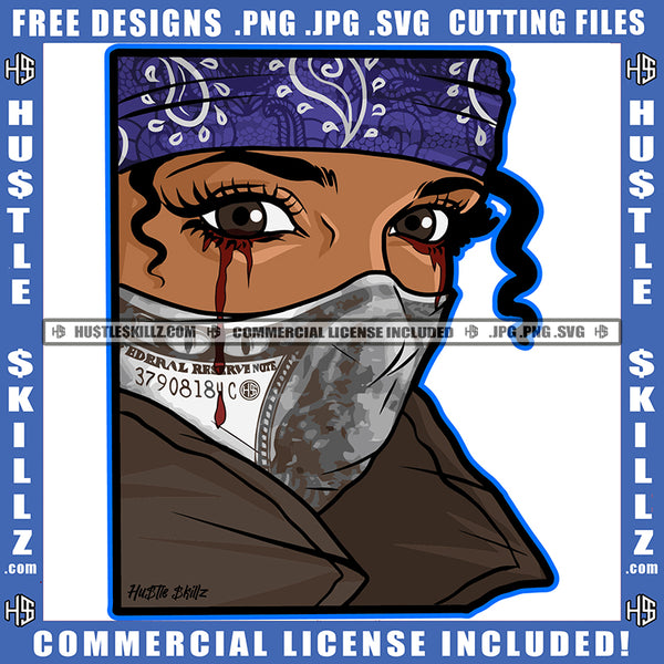 African American Rowdy Girl Wearing Musk Melanin Woman Eyes Blood Dripping Girl Wearing Cap Curly Hair Vector Design Element SVG JPG PNG Vector Clipart Cricut Cutting Files