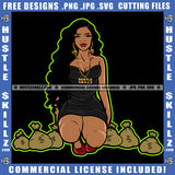 African American Woman Sitting On Floor Afro Hair Vector Design Element Lot Of Money Bag on Floor Melanin Sexy Girl SVG JPG PNG Vector Clipart Cricut Cutting Files