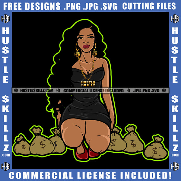 African American Woman Sitting On Floor Afro Hair Vector Design Element Lot Of Money Bag on Floor Melanin Sexy Girl SVG JPG PNG Vector Clipart Cricut Cutting Files