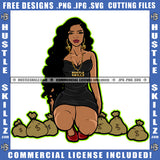 African American Woman Sitting On Floor Afro Hair Vector Design Element Lot Of Money Bag on Floor Melanin Sexy Girl SVG JPG PNG Vector Clipart Cricut Cutting Files