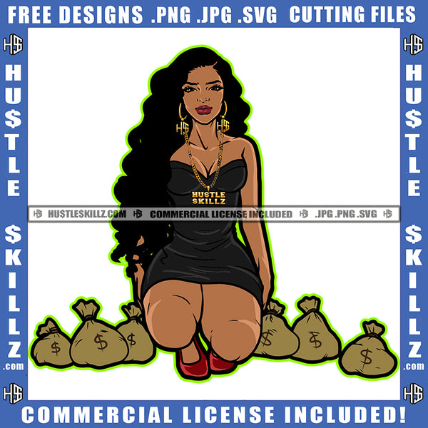 African American Woman Sitting On Floor Afro Hair Vector Design Element Lot Of Money Bag on Floor Melanin Sexy Girl SVG JPG PNG Vector Clipart Cricut Cutting Files