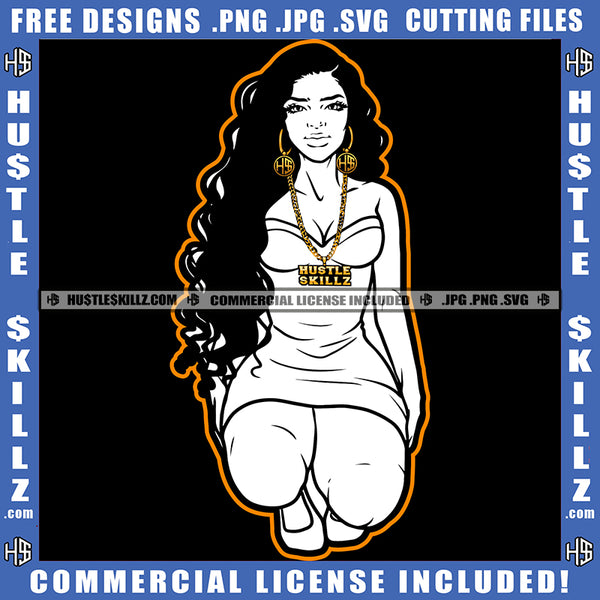 African American Woman Sitting On Floor Bad Ass Afro Hair Vector Design Element Lot Of Money Bag on Floor Melanin Sexy Girl SVG JPG PNG Vector Clipart Cricut Cutting Files