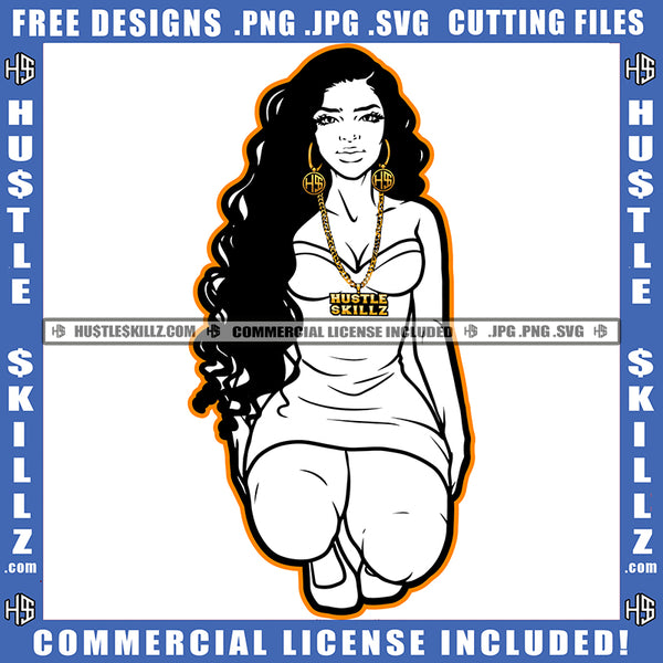 African American Woman Sitting On Floor Bad Ass Afro Hair Vector Design Element Lot Of Money Bag on Floor Melanin Sexy Girl SVG JPG PNG Vector Clipart Cricut Cutting Files