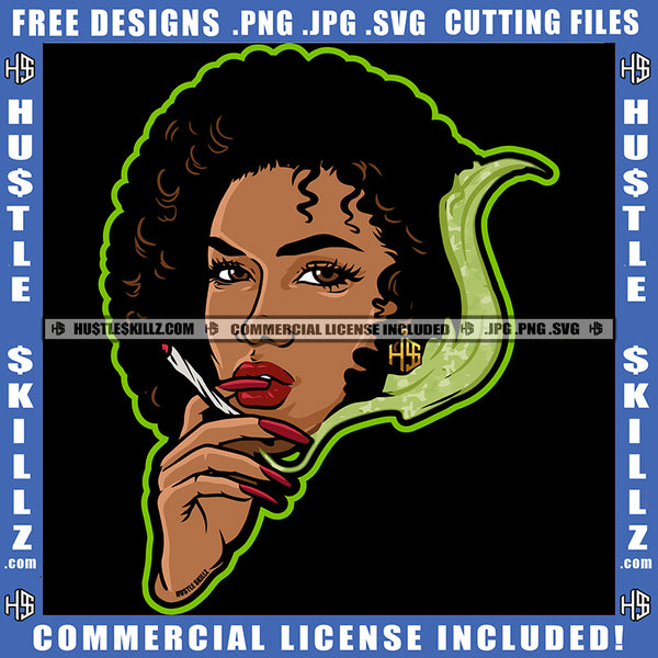 African Melanin Woman Smoking Marijuana American Girl Long Nail Design Element Afro Hair Weed Smoke SVG JPG PNG Vector Clipart Cricut Cutting Files