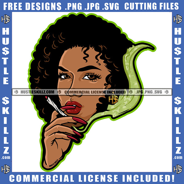 African Melanin Woman Smoking Marijuana American Girl Long Nail Design Element Afro Hair Weed Smoke SVG JPG PNG Vector Clipart Cricut Cutting Files
