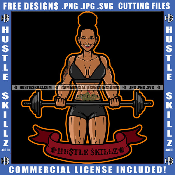 Melanin Bodybuilding Woman Female Muscle Flex Fitness Smile Face Girl Gym Workout Train Health Weight Pose Fit Body Strong Design Logo SVG PNG Vector Files