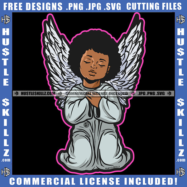 Young Child Angle Hard Praying African Angel Sitting On Floor Vector Design Element Afro Hair SVG JPG PNG Vector Clipart Cricut Cutting Files