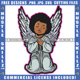 Young Child Angle Hard Praying African Angel Sitting On Floor Vector Design Element Afro Hair SVG JPG PNG Vector Clipart Cricut Cutting Files