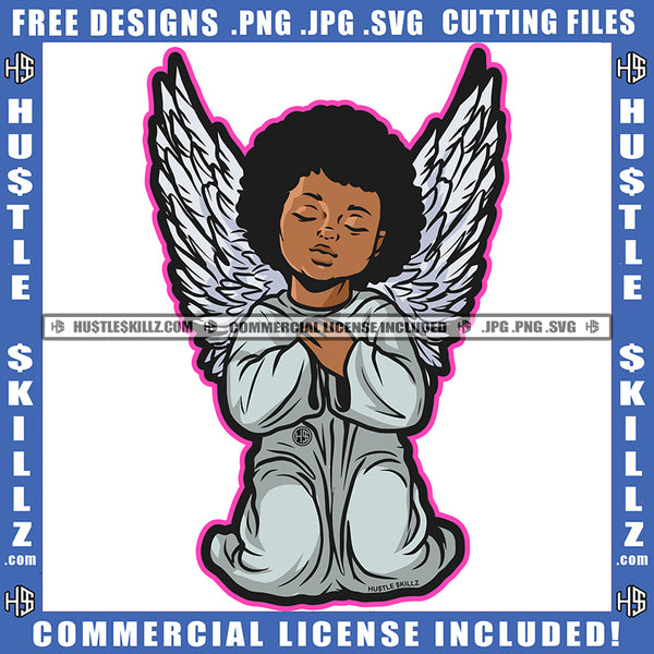 Young Child Angle Hard Praying African Angel Sitting On Floor Vector Design Element Afro Hair SVG JPG PNG Vector Clipart Cricut Cutting Files