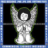 African American Young Child Angle Hard Praying Angel Sitting On Floor Vector Design Element Afro Hair SVG JPG PNG Vector Clipart Cricut Cutting Files