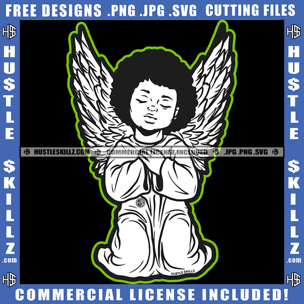 African American Young Child Angle Hard Praying Angel Sitting On Floor Vector Design Element Afro Hair SVG JPG PNG Vector Clipart Cricut Cutting Files