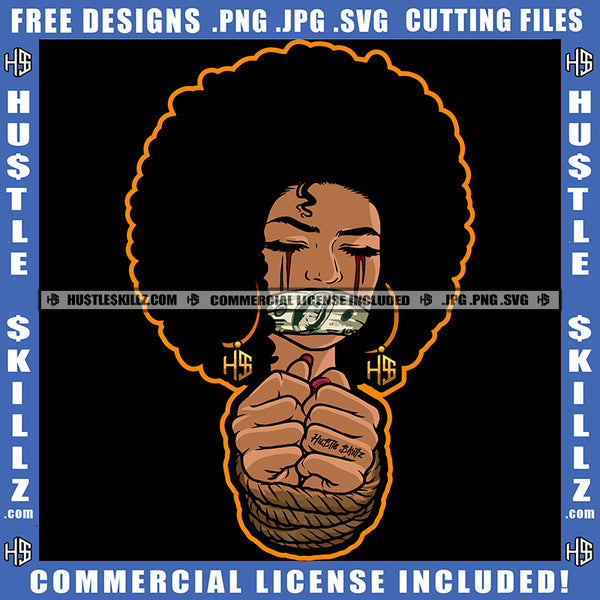 African American Woman Hands Tied Rope And Melanin Girl Tide Up Mouth With Tape Vector Design Element Black Girl Blood Dripping On Eye Ski SVG JPG PNG Vector Clipart Cricut Cutting Files